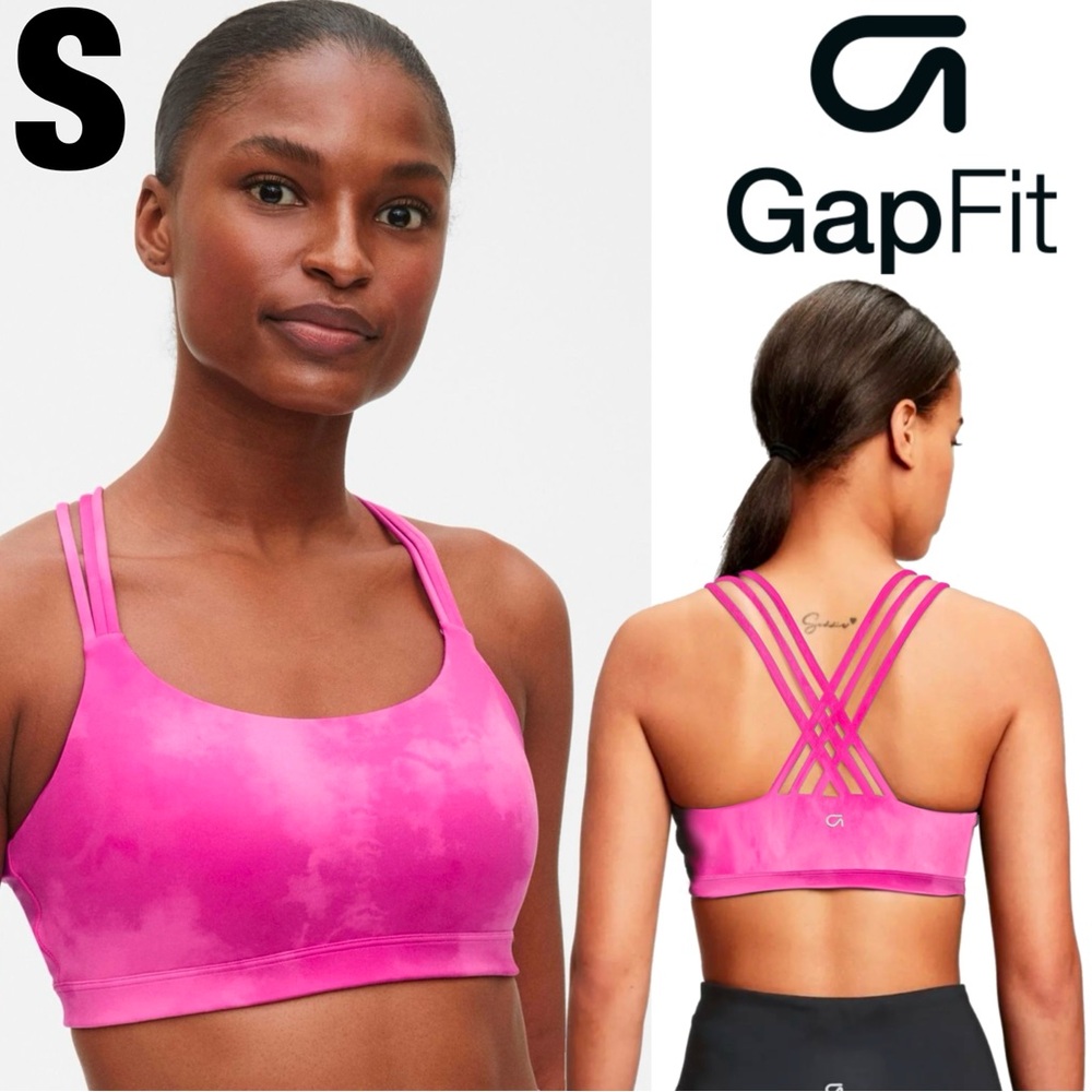 GapFit GAP Eclipse Medium Support Strappy Sports Bra Fuchsia Pink Tie Dye SMALL